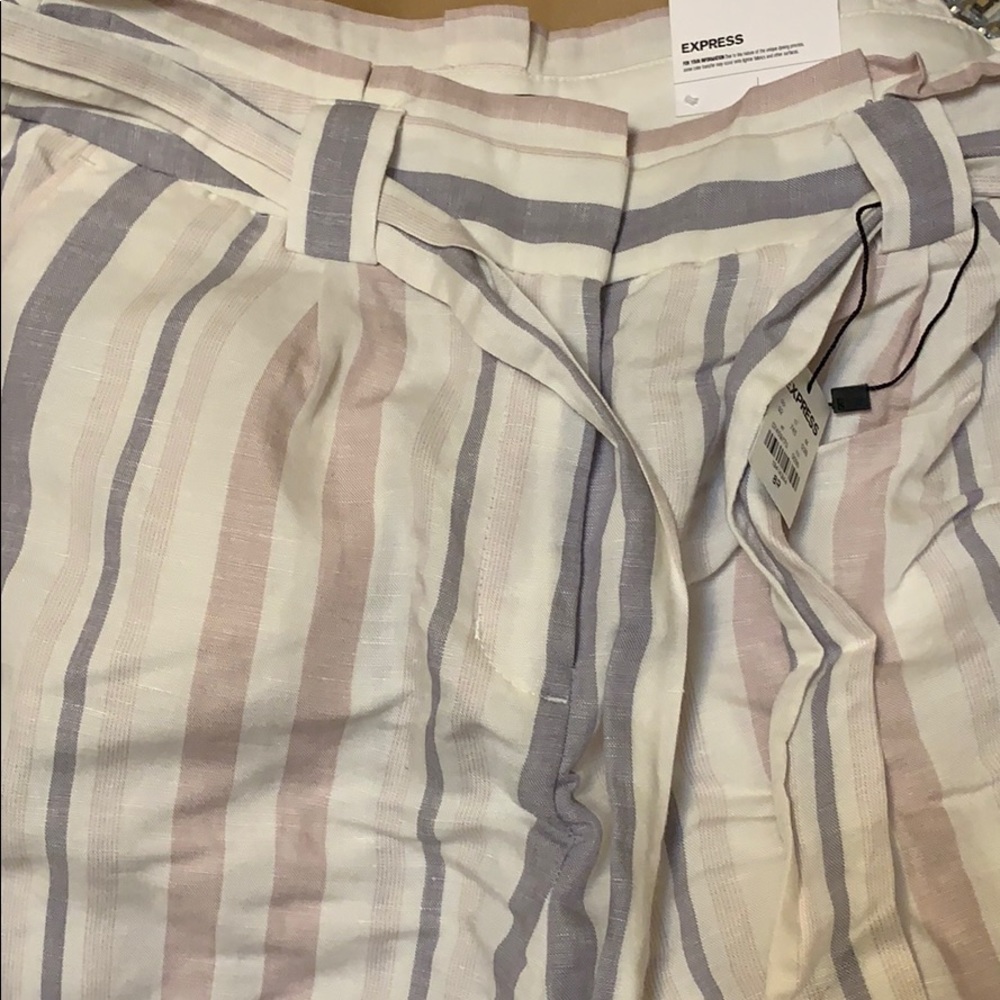 Striped linen- blend sash waist ankle pant